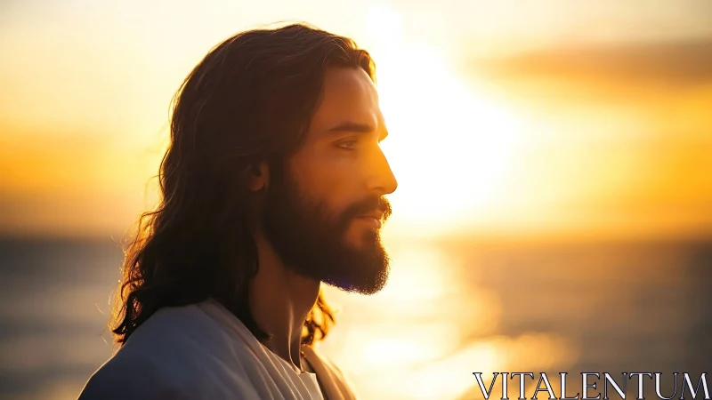 Bearded man in profile stands against intense ocean sunset light
