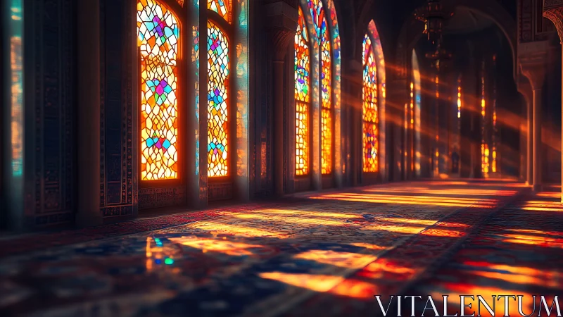 Spectral radiance through stained glass in vaulted corridor.