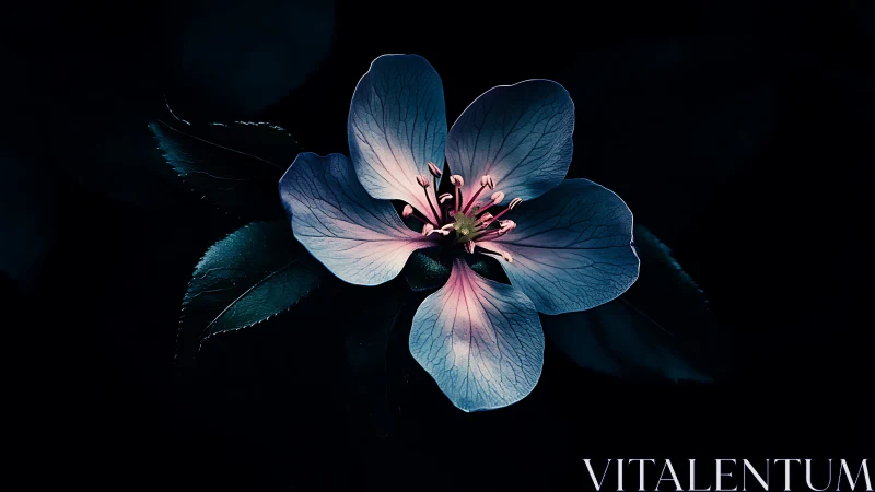 Blue flower petals with pink stamen against dark background