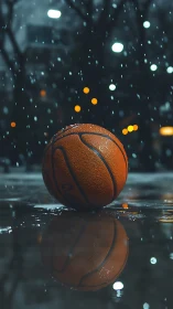 Lone basketball on wet court under cold city rainstorm.