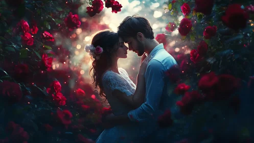 Couple facing each other surrounded by deep red roses and warm light