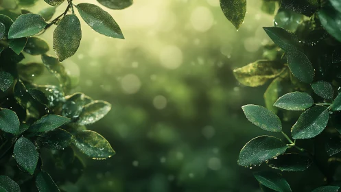 Dewlit green leaves framing soft golden forest bokeh.