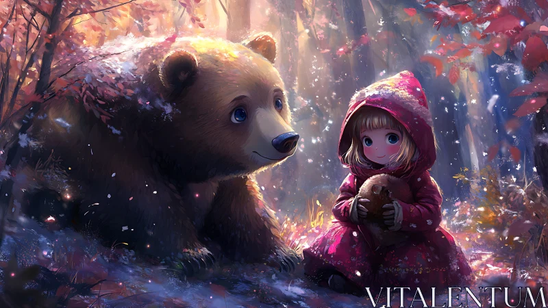 Autumn forest tableau uniting child in red cloak and gentle bear
