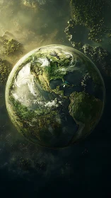 Luminous Verdant Earth drifting through emerald cosmic hush.