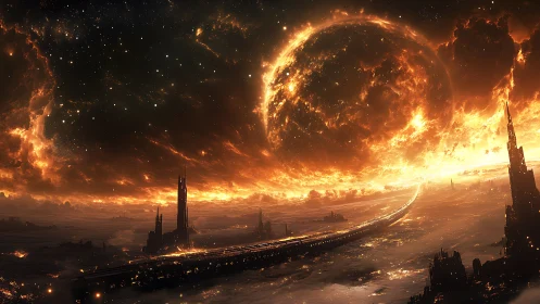 Apocalyptic megaplanet over infernal cityscape in cinematic detail