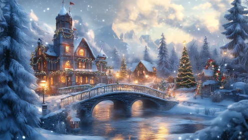 Digital painting of festive snowy village with bridge focus.