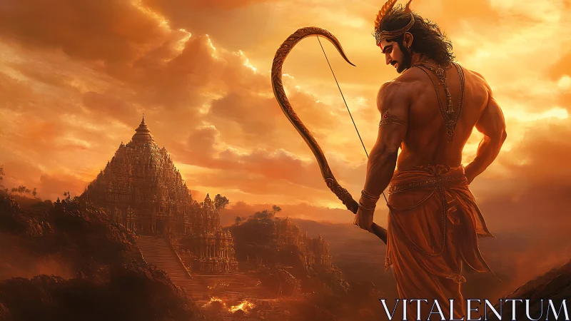 Warrior archer overlooks golden temple city at fiery dusk