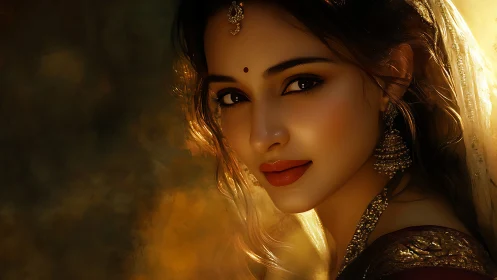 Portrait of Indian woman in golden cinematic light.