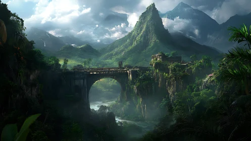Emerald canyon bridge guarding a mist-wrapped jungle kingdom.