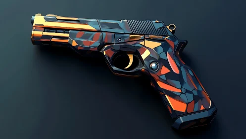 High-poly stylized pistol with orange-black tessellated coating
