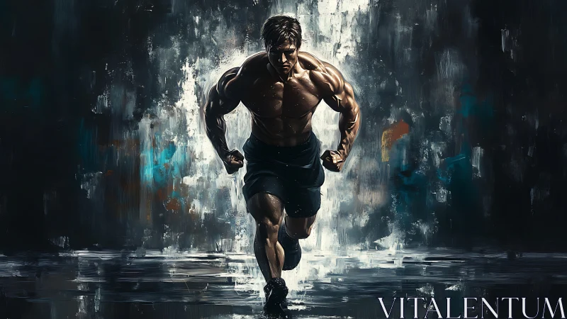 Storm-charged sprinter erupting from a painted downpour.