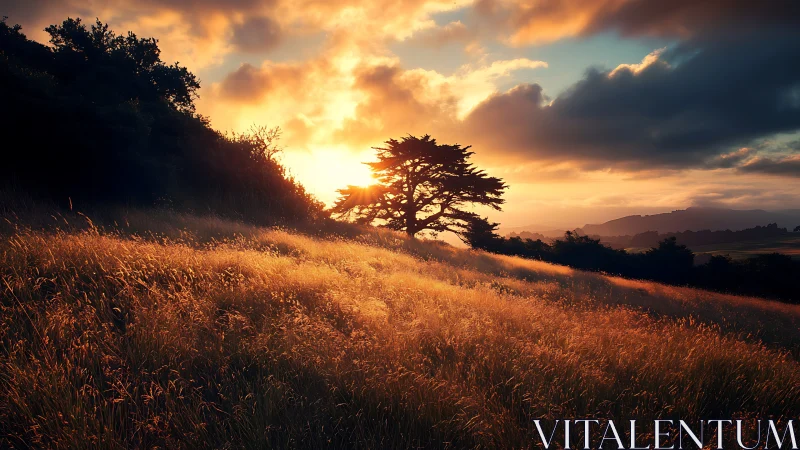 Sunset backlights lone tree on sloping grassy hillside