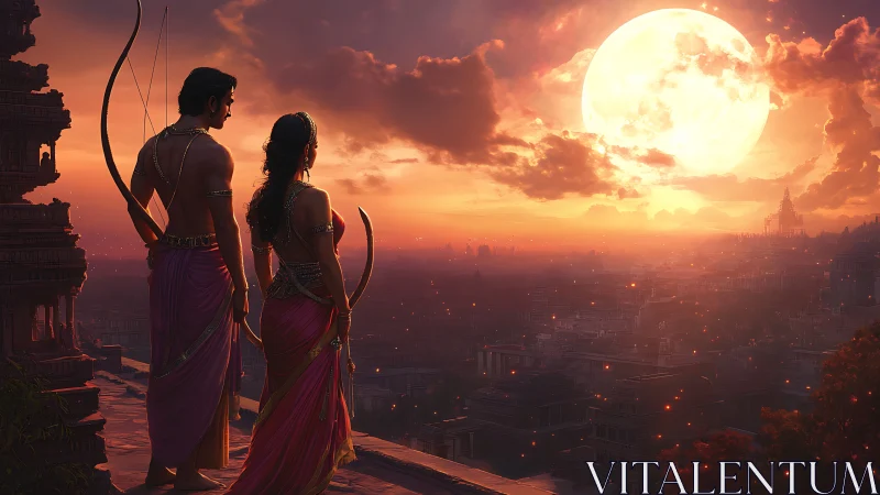 Moonlit warrior couple overlooking ancient Indian cityscape.