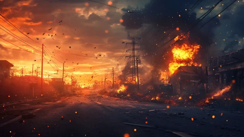 Urban street engulfed in fire under dramatic sunset sky.