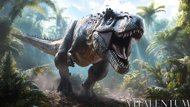 Roaring T Rex charges through dense prehistoric jungle.
