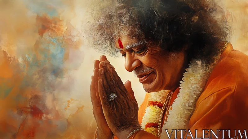 Elderly guru in prayerful pose against warm abstract background