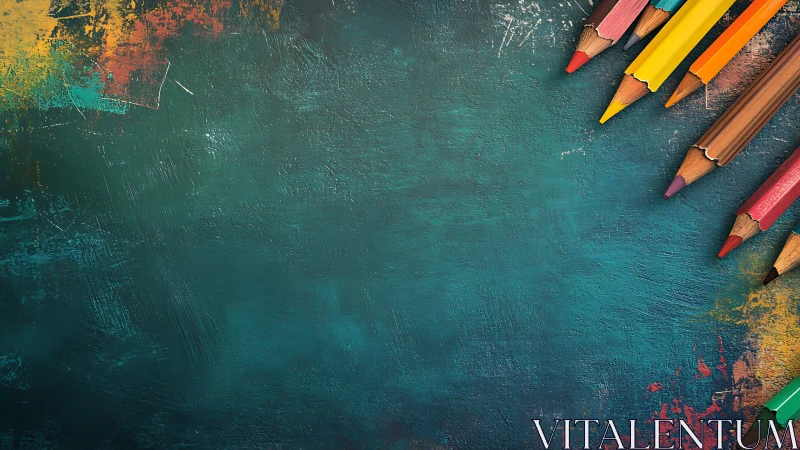 Color pencils rest on textured teal board awaiting creativity