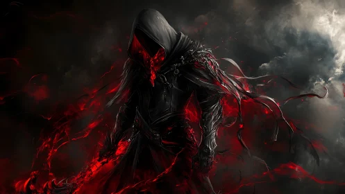 Hooded dark figure with red energy in stormy atmosphere.