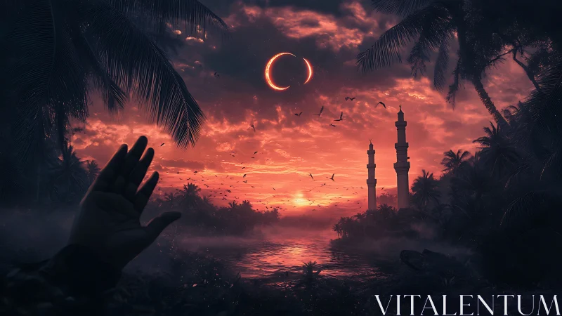 Digital crescent eclipse above tropical mosque lagoon at dusk.