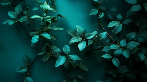 Climbing leafy stems against uniform teal background wall.