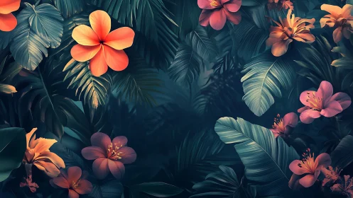 Tropical floral composition with layered foliage and warm-toned blooms