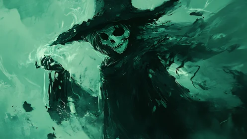 Spectral necromancer in emerald haze commands swirling aether