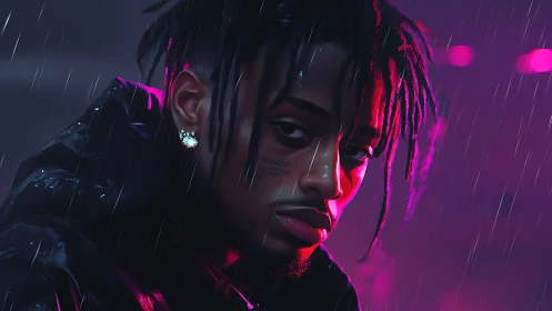 Digital portrait of male figure in neon lit rain setting.