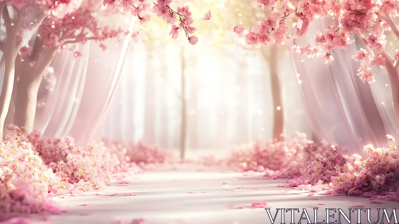 Cherry blossom trees form a symmetrical path in soft light