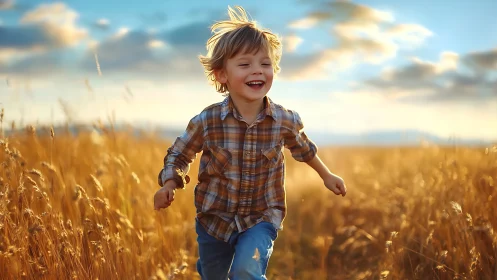 Joyful child runs through golden wheat field at sunset.