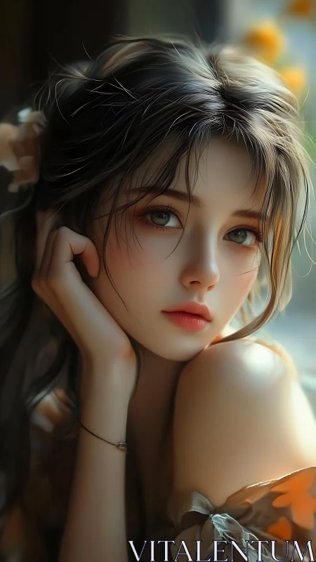 Digital portrait shows soft-lit young woman in close focus