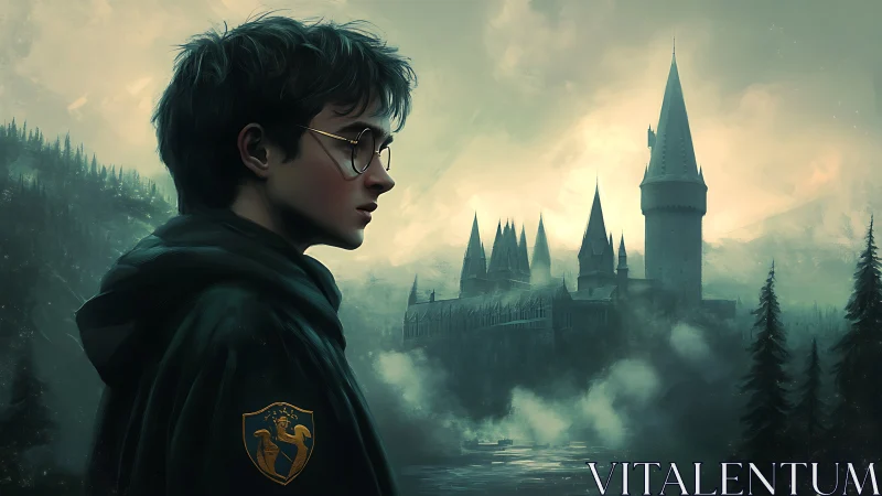 Moody young wizard before misty gothic castle at dusk.