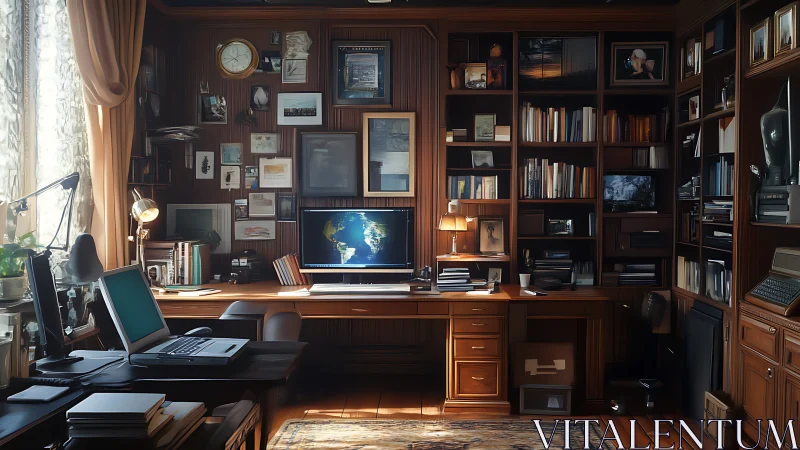 Warm wood home office with dual workstations and earth display