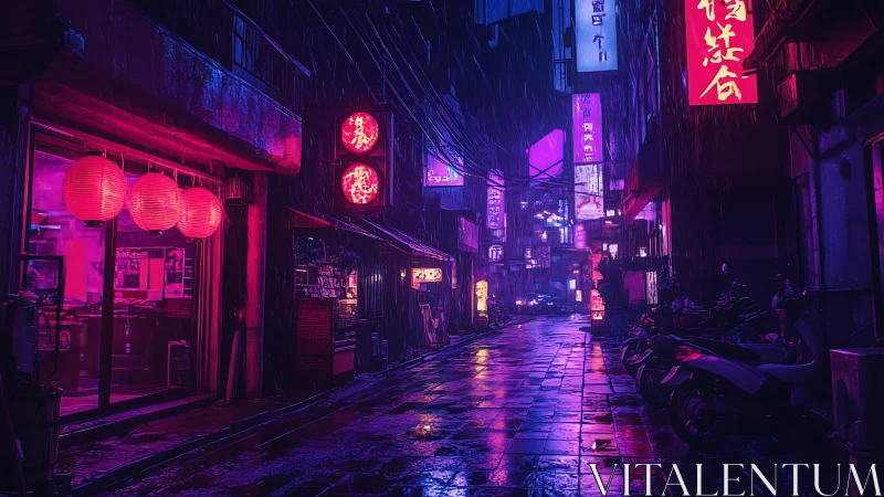 Neon‑lit urban alleyway with rain and illuminated signage.