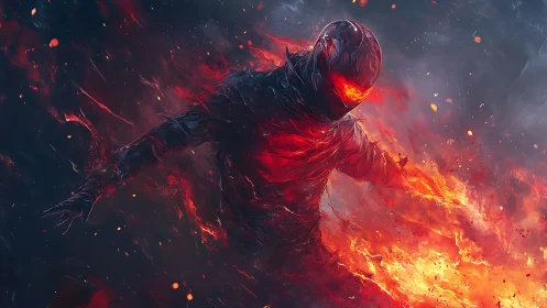 Flaming armored warrior strides through burning vortex