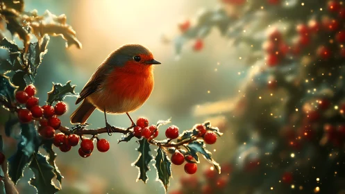 Small bird is perched on frosted holly branch with berries