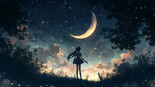 Girl under a crescent moon in a softly glowing night sky.