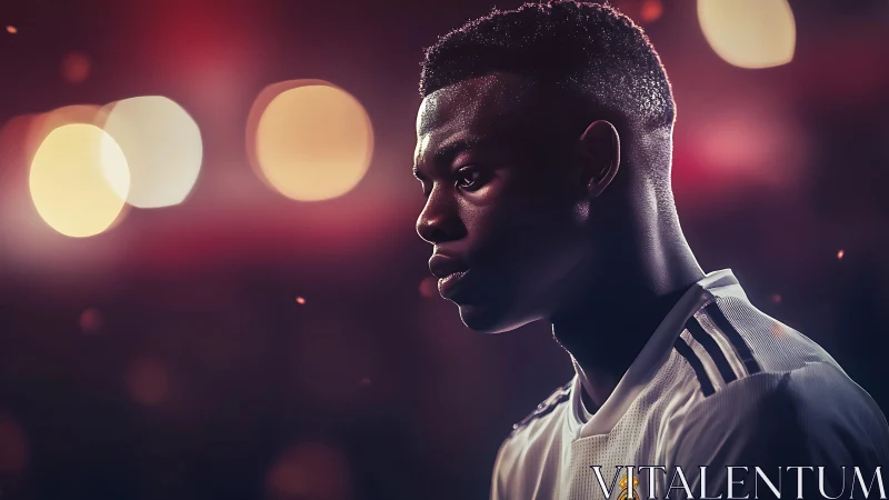 Focused footballer stands under stadium lights at night.