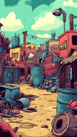 Color-saturated urban slum alley with stylized debris under sky.