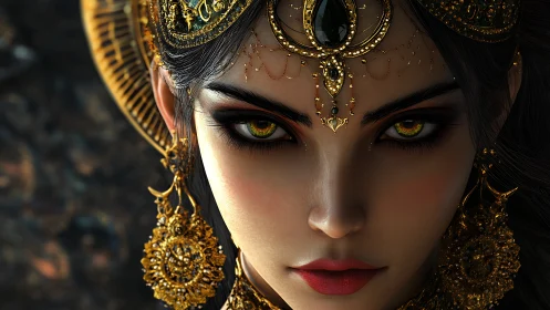 Regal sorceress portrait with jeweled golden headdress.