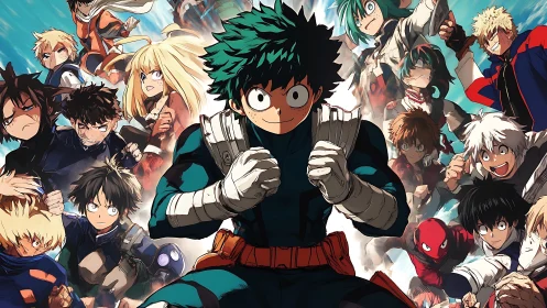 Green-haired hero lunges forward amid blazing anime chaos.