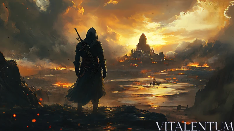 Lone cloaked warrior overlooking burning citadel at dusk.