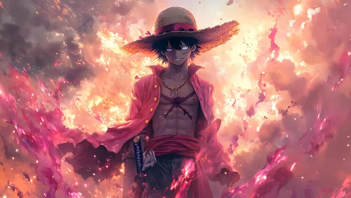 Straw hat swordsman stands in fiery glowing sky scene.