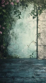 Sunlit stone corner wrapped in wandering garden vines.