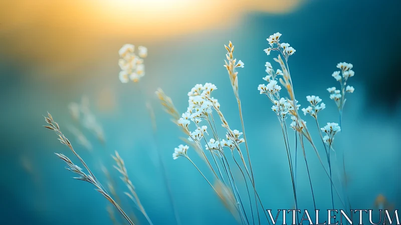Delicate White Flowers Against Teal Blue Background.