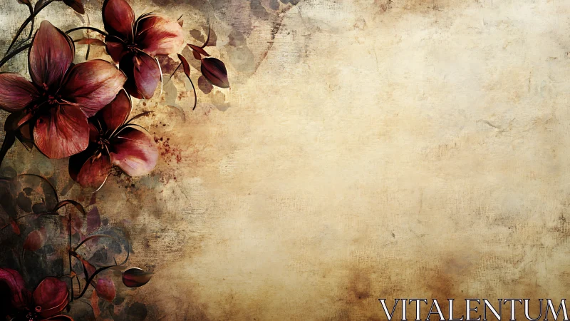 Dark red lilies frame textured vintage parchment space