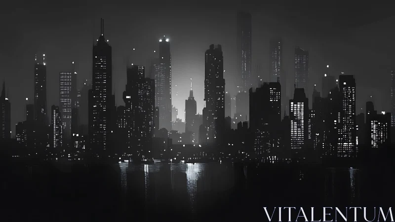 Monochrome high-rise skyline with specular water reflections at night
