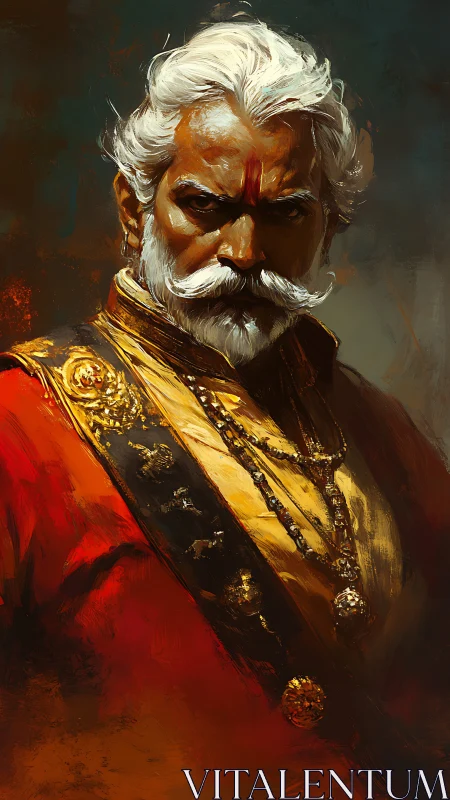 Regal warrior elder glares in fiery red and gold armor.