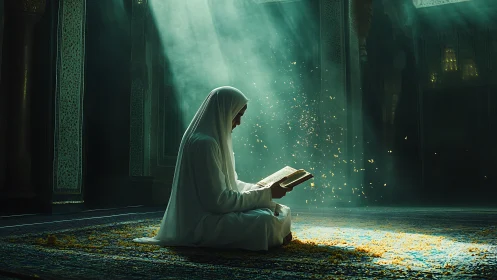 Soft light gathers as a lone reader breathes in quiet verses