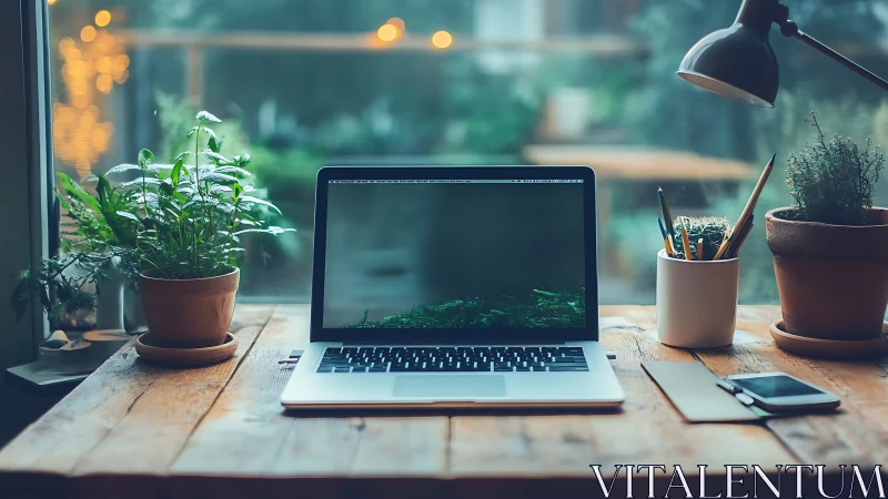 Laptop workstation with plants on wooden desk by window.