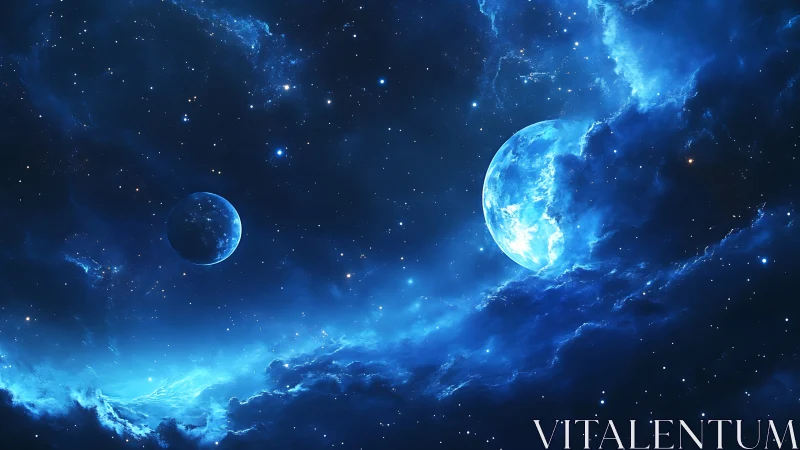 Twin cerulean planets amid glowing nebula swirls in space.